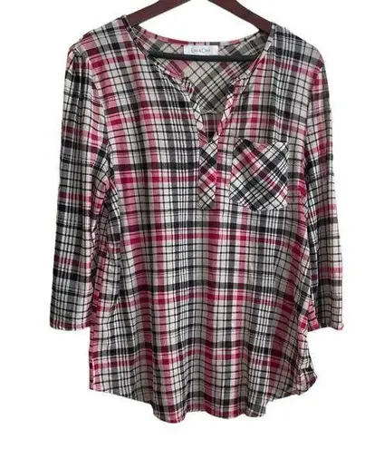 Eden & Olivia Top Women L Black Red Split Neck 3/4 Roll Tab Sleeve Plaid Popover