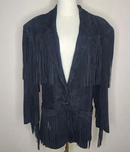 Winlit Vintage‎ 90s Black Fringe Suede Mid Length Leather Jacket Coat Size M Size M