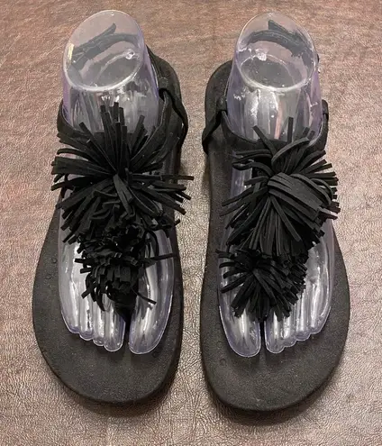 Vionic Womens 9 Black Suede Fringe Sandals Comfort Orthotic T-Strap Walking Shoe