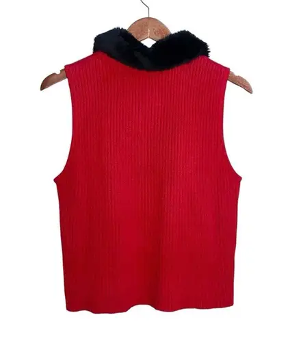 VTG Rebecca Thomas Red/Black Faux Fur Collar Zip Front Zebra Print Rib Knit Vest Red