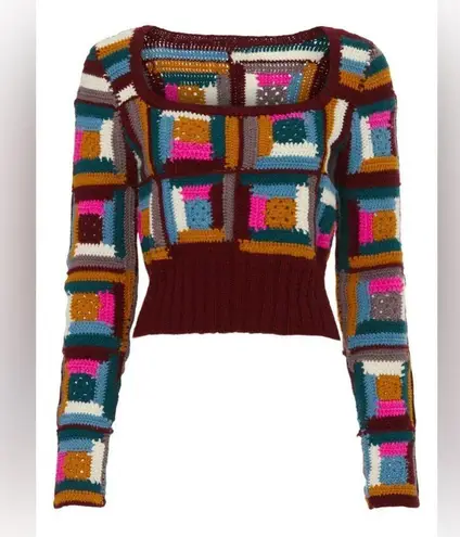 Sea New York Camryn Crochet Multicolor Patchwork Wool Sweater Maroon Boho sz L