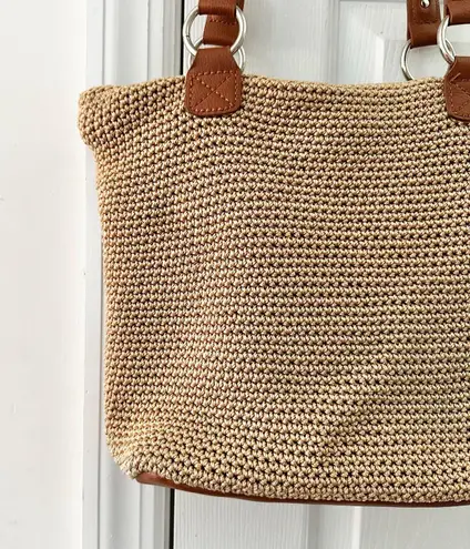 The Sak Solid Beige Crochet Cambria Shoulder Tote Top Zip Rope Straps Tan Trim