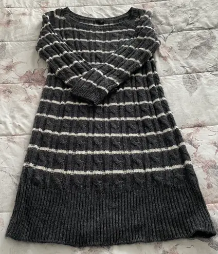 ICB Alpaca Wool Blend Gray Striped Cable Knit Knee Length Sweater Dress, size S