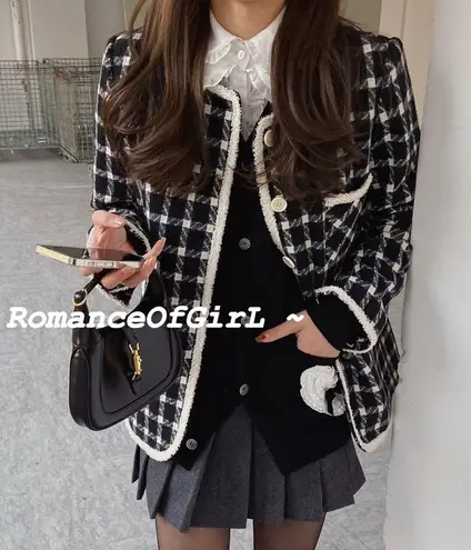 Houndstooth Japanese Kawaii Black White Minimalist Elegant Winter Blazer Jacket