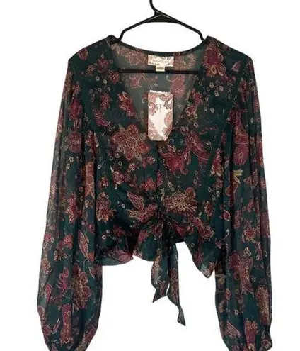 Band of the Free River Deep Pine Paisley Front Tie Crop Top Women Sz L Green Size L