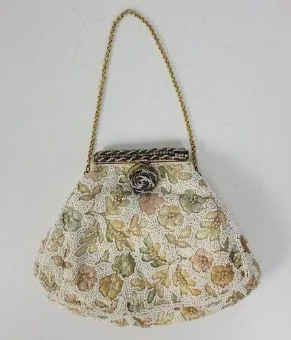 Vintage Womens Change Purse Bag Cream Beaded Floral Embroidery Handbag w/ Mirro