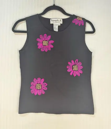 Joseph A Black Sleeveless Blouse with Pink Floral Ribbon Embroidery Size Large