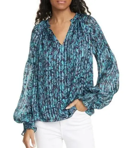 Ramy Brook Luanne Silk Pleated Smocked Teal Combo Long Sleeve Blouse