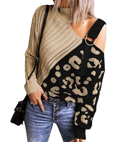 Long Sleeve Cold Shoulder Turtleneck Knit Pullover Sweater Leopard Khaki Black Multiple Size XXL
