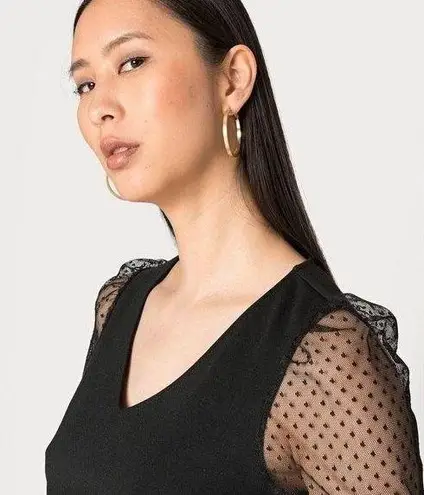 Lark + Grey NWT Women's V Neck Puff Mesh Polka Dot Sleeves Bodysuit L XL Black Size L