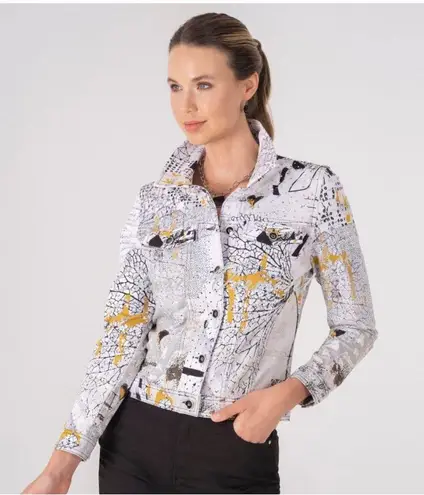 Simply Art by Dolcezza Buttoned Bomber Jacket Hydrangea Abstract Art Size Small White