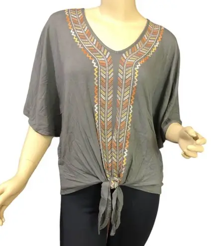 Democracy Cropped Dalman Sleeve Tie-Front Top with Multi-Color Embroidery. NWT!