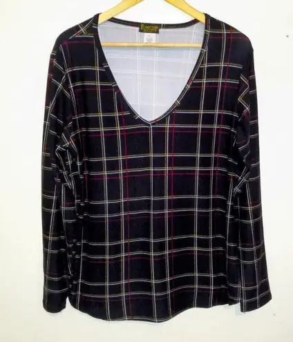 Forbidden Society Plaid V-Neck Pullover Top-Size XL-Long Sleeve-Academia-Grunge