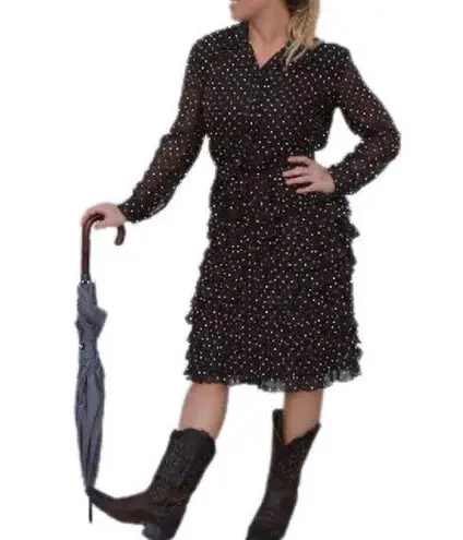 Vintage Brown White Polka Dot Ruffle Skirt Mr Mench Shirt Dress Med/Large