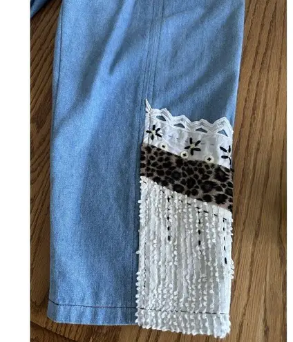 Vintage Patchwork Crop Pants Chambray High Waist Wide Leg Elastic Waist Crochet Blue Size 28