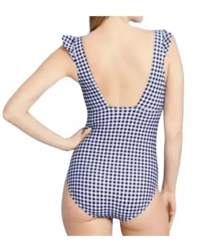 Kona Sol Large (12/14) Swim 1-Piece Ruffled Checked Padded Cup Lined Ruched Blue