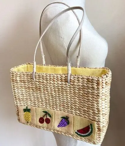 Vintage Y2K Braided Straw Fruit Bag Picnic Summer Boho Cottagecore Peasant Yellow