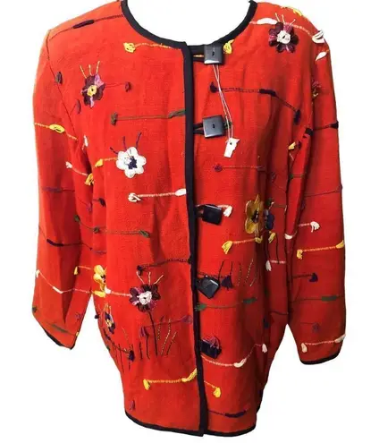 Allure cotton woven art to wear embroidered floral shacket size 14/16 L Red Size L