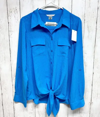 Allison Daley Blouse Women Size Medium Blue Collared Long Sleeve Button Tie Top