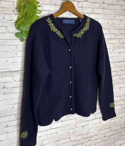 Karen Scott Vintage Navy Blue Cottagecore Embroidered Cardigan Sweater