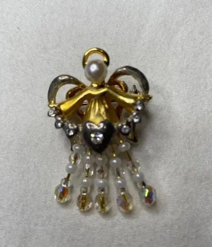 Vintage Angel Wings Pearl Clear Bead Brooch Pin