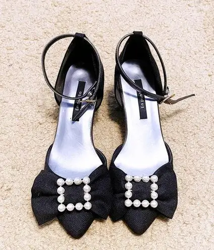 Japanese En Punto Black Shimmery White Pearl Bow Glittery Low Heels Pumps Heels Size undefined