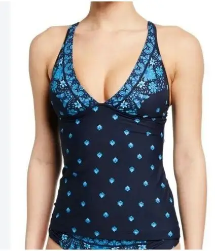 Seafolly Sunflower Border V Neck Blue Floral Singlet Tankini Size 4 NWOT