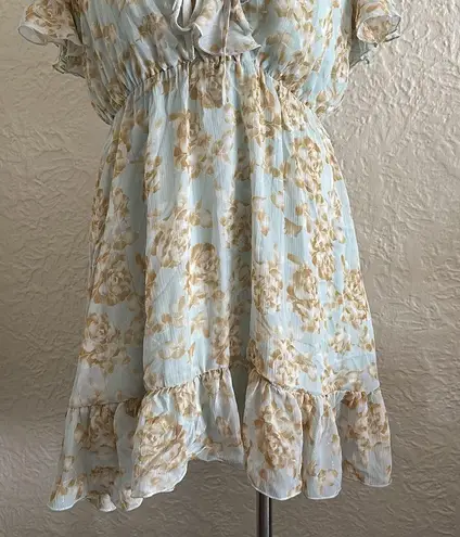 Lulu’s Dreaming of Romance Mint Blue Floral Ruffle Metallic Dress Medium