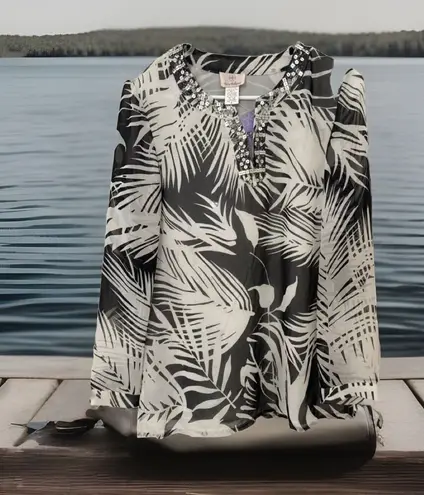 NWT Chic Leaf print dress/tunic/blouse sequin Tropical Boho