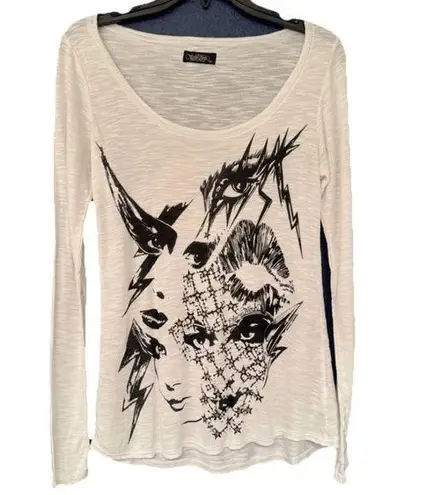 Lauren Moshi Punk Eyes Blouse Women’s White Graphic Scoop Neckline Size XS