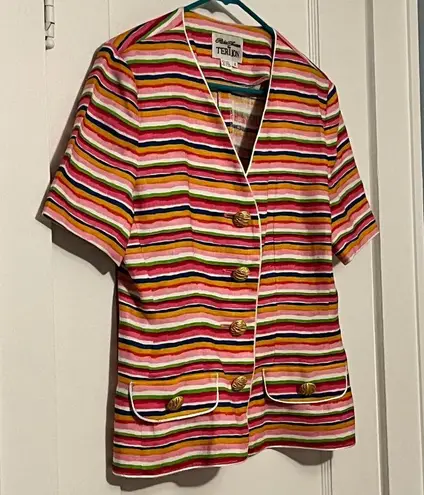 Rickie Freeman for Teri Jon VTG 100% linen blazer blouse size 4 rainbow summer Pink