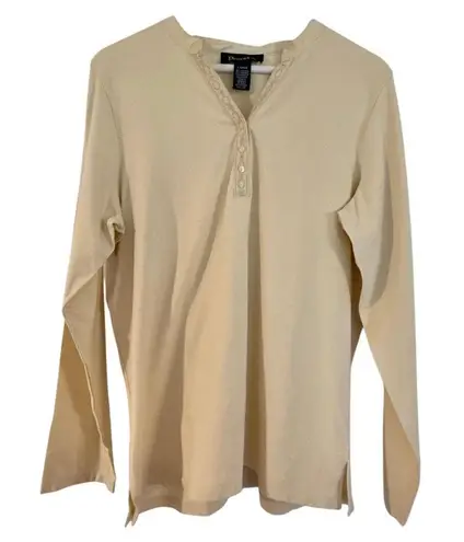 Denim & Co NWT taupe embroidered neckline Henley top Large