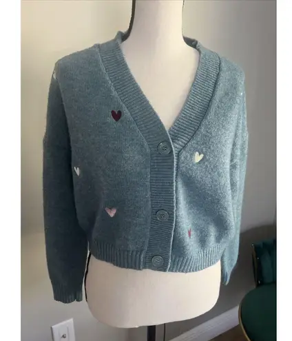 Witty Fox Ditzy Floral Small Blue Cropped Button Sweater Embroidered Hearts