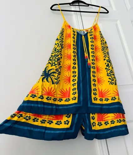 Farm Rio Sunshine Tie Neck Layered Romper, Size L