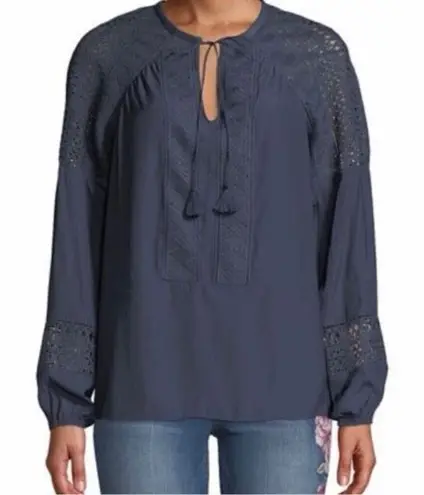 Ramy Brook Winnie Peasant Crochet Blouse in Navy Blue Small