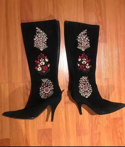 Oscar de la Renta Floral Print Suede Knee High Boots