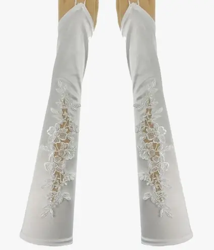 White Floral Embroidered Satin Fingerless Bridal Gloves