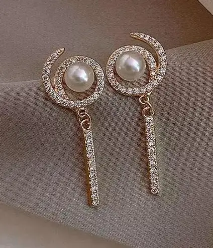 Crystal Tassel Pearl Beaded Stud Drop Earring Gold