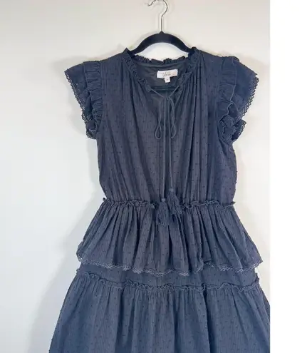 TALULAH Womens Dress Black Mini Layered Ruffle Swiss Dot V Neck Fit Flare Small