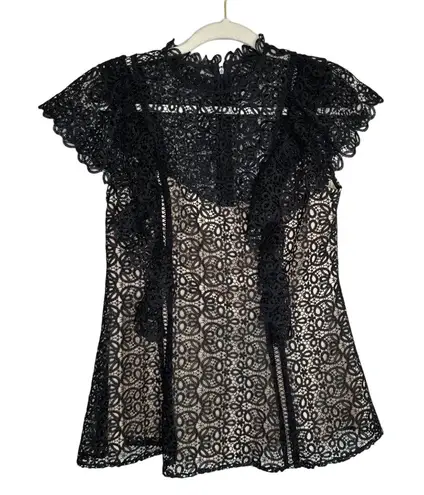 Pearl by Lela Rose Lace Ruffle Top Size 6 Blouse Black Tan