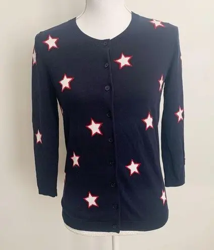 Talbots EUC  Navy Star Print 3/4 Sleeve Button Cardigan Size XS