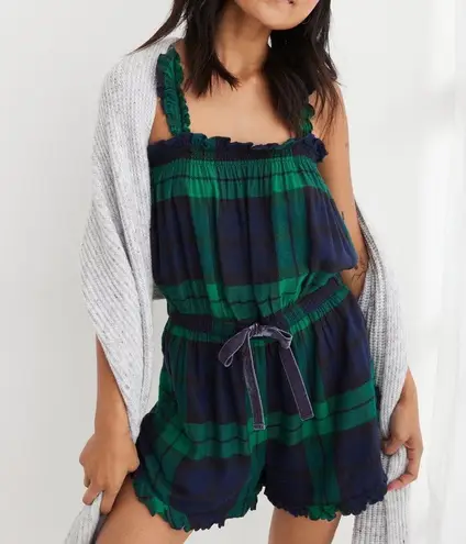 Aerie NWOT  Flannel Pliad Romper Tie Detailing Green Blue Super Soft Small