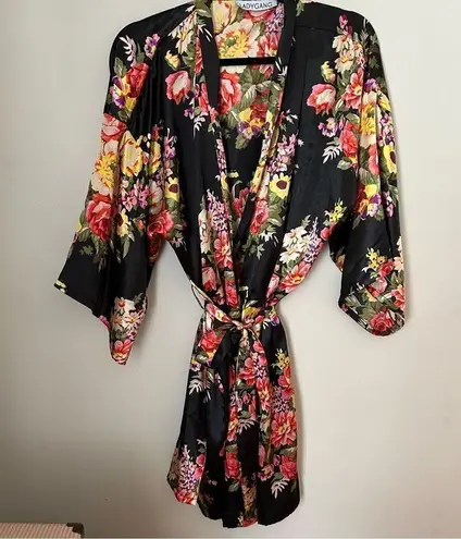Ladygang Robe Floral Print Black Sleepwear Casual Neutral Adjustable one size Black Size undefined