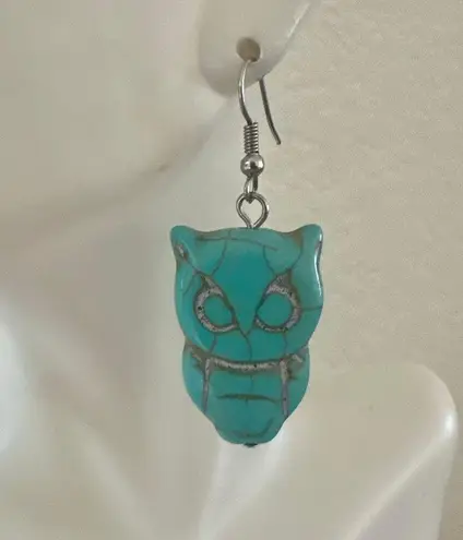 Turquoise Howlite Owl Dangle Earrings Blue