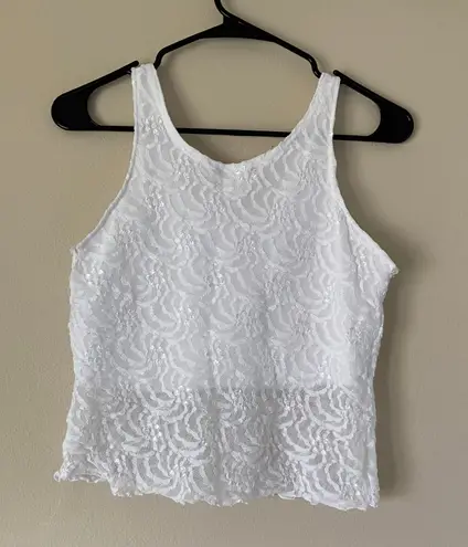 afortiori White Lace Textured Mesh Tank Top Shirt Summer Lacey Girly Boho
