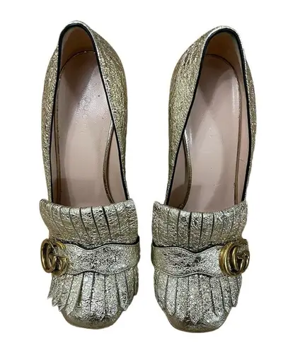 Gucci  Gold Marmont Fringes High Heeled Platform Loafer Pumps