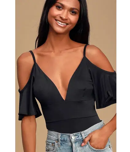 Lulus Slay It With Me Black Off Shoulder Bodysuit XS Flutter Sleeve Sexy Chic