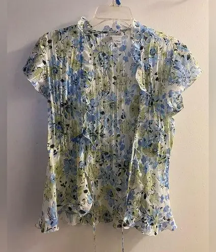 kim rogers Womens Sheer Tie Cover Up Blouse M Floral Ruffled Neck Blue White