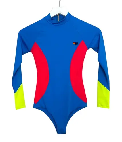 Aviator Nation Color Block Long Sleeve Surf One Piece Swimsuit XS
