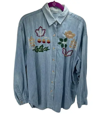 Vintage Blue Women's Button Up Shirt Embroidered Maple Acorn Oak Oversized  XL